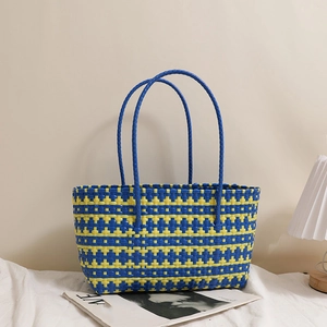 Blue and yellow striped plastic woven tote bag for summer beach holidays and daily use