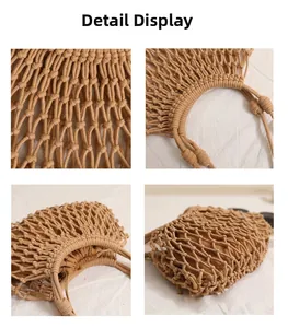 Detail of handmade macrame weave and cotton drawstring liner of the beach bag