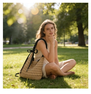 Gros plan sur la texture du sac en paille tressé avec un nœud décoratif noir élégant