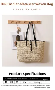 Detailansicht der Maße der Strohtasche mit dem 31 cm langen schwarzen PU-Schultergurt