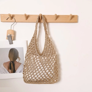 Champagne gold woven straw shoulder bag with metallic hollow mesh for beach vacation