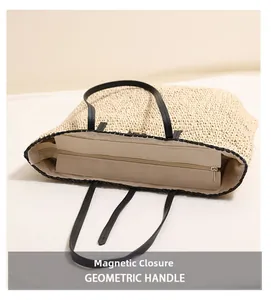 Detailansicht der Stroh-Tasche mit Magnetverschluss und Innentasche mit Reißverschluss