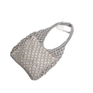 Silver metallic handmade woven tote bag with minimalist hollow mesh design for beach vacation