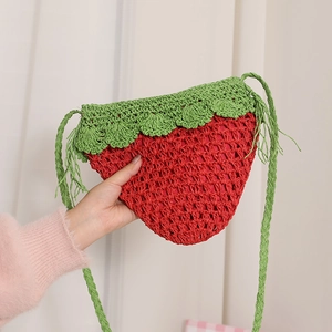 Cute Strawberry Shape Crochet Woven Crossbody Bag Handmade Straw Summer Beach Vacation Small Phone Purse Women Girls