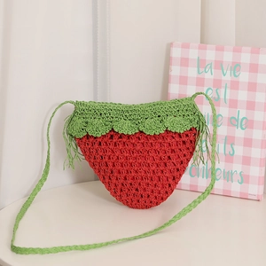 Cute strawberry shaped crochet straw crossbody bag for summer beach holidays