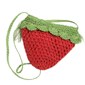 Cute strawberry shaped woven crossbody beach bag with hollow knit and green leaf strap