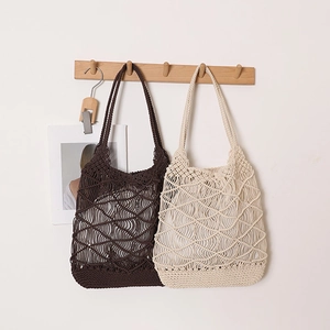 Diamond Woven Tote Bag Polyester Cotton Wax Rope Hollow Mesh Large Capacity Beach Holiday Bohemian Bag With Inner Pouch