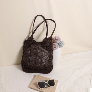 Deep brown bohemian hand-woven mesh tote bag for summer beach travel and vacation