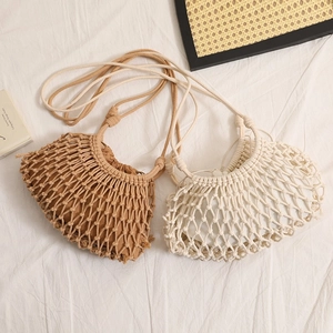 Cotton Thread Woven Shoulder Bag Hollow Out Mesh Crossbody Bag Bohemian Vacation Beach Bag With Drawstring Inner Pouch