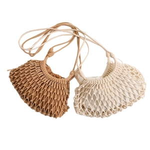 Handmade crochet cotton mesh beach bag set in dark brown and beige with woven straps