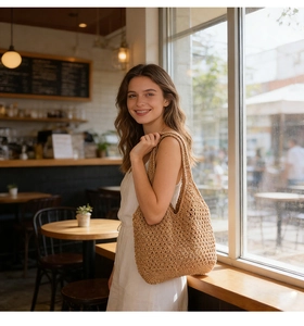 Detail of hollow woven cotton shoulder bag with natural texture for beach holidays