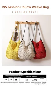 Tableau des tailles pour sac bandoulière en paille tressée avec corde de cire et cuir détails