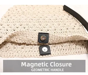 Détail du sac en paille tressée avec fermoir magnétique et poignée géométrique noire