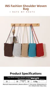 Detailed size chart for woven straw bucket bag with dimensions and weight in five colors