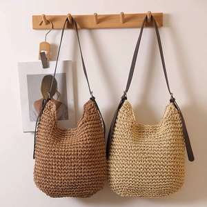 Handmade Straw Woven Shoulder Bag With PU Leather Strap Large Capacity Summer Beach Vacation Hobo Bag Women