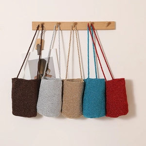 Women Handmade Woven Bucket Bag Shiny Metallic Thread Knit Shoulder Crossbody Vacation Beach Casual Korean Style