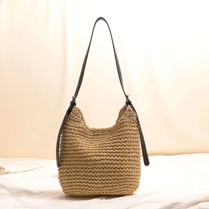 Hobo straw shoulder bag with dark brown PU strap for beach vacation and summer fashion