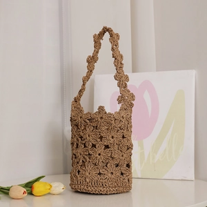 Sac Seau En Paille Crocheté À La Main Fleurs Sac À Main Été Plage Vacances Papier Tissé Vintage Femmes
