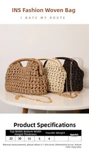 Detailed view of woven straw handbags in three colors with metallic chain straps