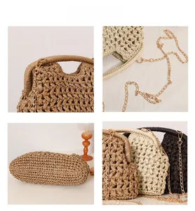 Detail showing handwoven straw texture and golden chain strap for summer beach bags