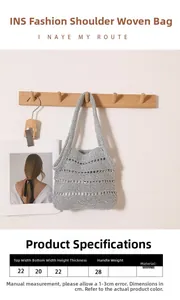 Detailed size chart for a silver knit shoulder bag with specific measurements and material