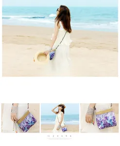 Detail of bohemian straw bag with purple floral fabric and colorful bead pendant accent
