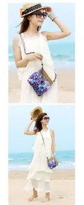 Detail of bohemian straw bag with purple floral fabric and colorful bead drawstring