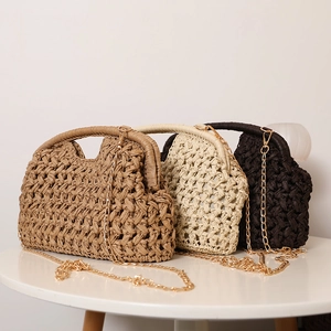 Woven Straw Crossbody Bag Hollow Honeycomb Texture With Metal Chain Strap Summer Beach Holiday Clutch Handbag