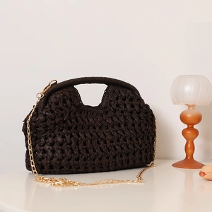 Chic dark brown hand-woven straw crossbody bag with metal chain for beach vacations