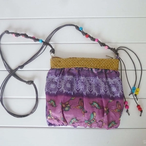 Bohemian Straw Woven Crossbody Bag For Women Ethnic Floral Print Mini Shoulder Purse With Beaded Strap Summer Beach Style