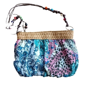 Bohemian paisley and leopard print straw beach bag with colorful beaded handle