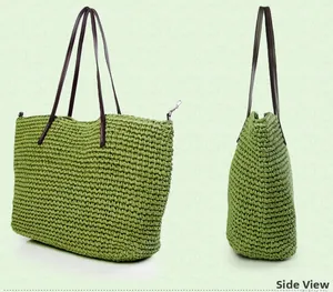 Detail view of green handmade crochet woven tote bag with side perspective and zipper