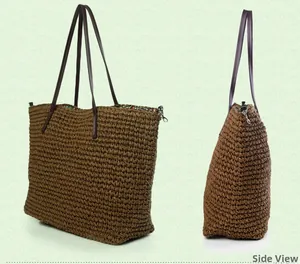 Detail showing the brown woven paper straw bag with ethnic print lining and leather strap