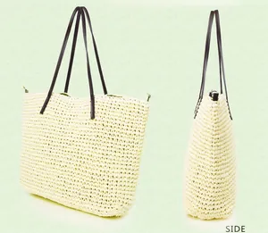 Detail view of large crochet straw tote bag showing both front and side perspectives