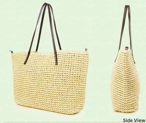 Detail view of woven straw tote bag featuring brown straps and a secure zipper closure