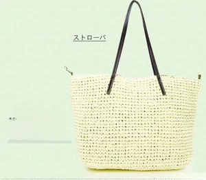 Close-up of handmade straw tote bag with fine weave and faux leather handles