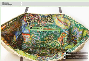 Detail of straw bag interior featuring paisley lining and multiple functional pockets
