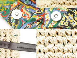 Detailed macro view of straw bag featuring metal magnetic clasp and bohemian print lining