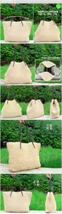 Detail of hand-woven straw tote with leather handles showing the versatile folding mechanism