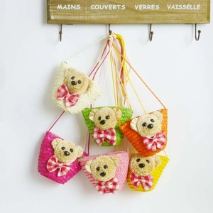 Cute Bear Straw Woven Crossbody Bag Mini Woven Shoulder Pouch For Kids Girls Toddlers Cartoon Outdoor Beach Accessory