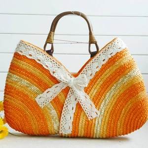 Handmade Straw Woven Handbag With Wood Handle Striped Colorful Lace Bow Beach Tote For Women Holiday Vacation