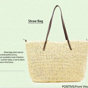 Handmade woven straw tote bag with brown leather handles for summer beach casual style