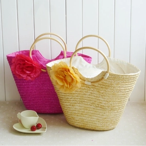 Summer Straw Woven Handbag Large Fabric Flower Wood Round Handle Beach Vacation Floral Tote Bag For Women