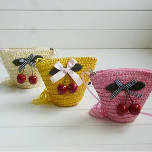 Straw Woven Small Crossbody Bag With Cherry Decoration Bow Accent Coin Purse For Toddler Girls Summer Beach Vacation Daily