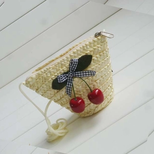 Handmade straw woven crossbody bag with cute cherry decor and gingham bow for beach holiday