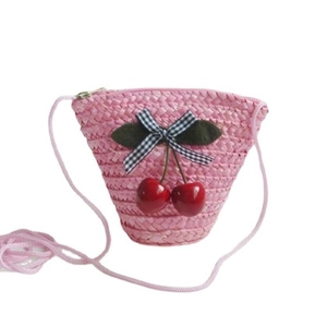 Pink straw woven crossbody bag with cherry decor and bow for beach vacation