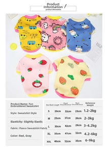 Size chart and measurement guide for small dog and cat warm fleece hoodies in various colors