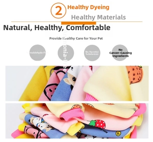 Detail of colorful knitted pet clothes with elastic cuffs and cute strawberry patterns