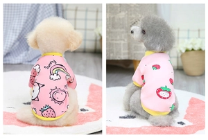 Detail of pink pet hoodie showing soft fabric with rainbow and strawberry prints