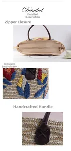 Detail of embroidery and leather handle on a woven straw tote for beach vacations